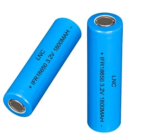 Two cylindrical blue 18650 LiFePO4 battery cells, marked with 3.2V 1800mAh, suitable for renewable energy storage and portable power devices.