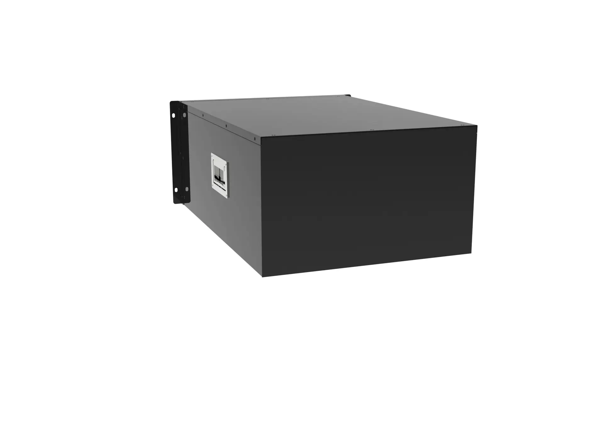 a black box sitting on top of a white wall