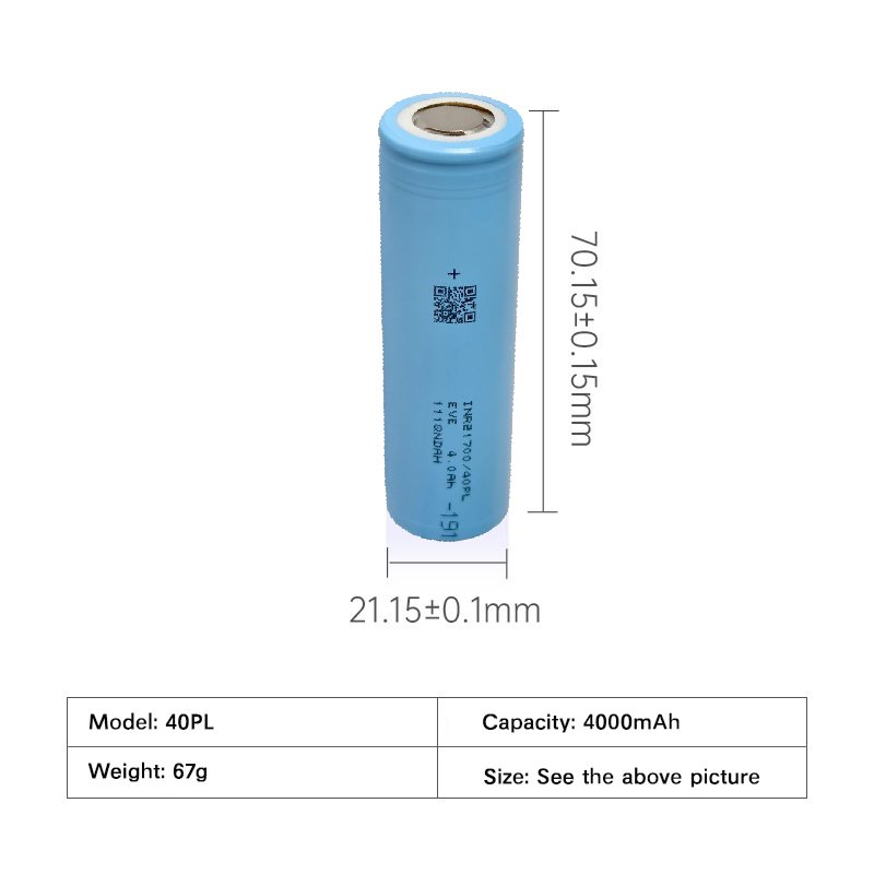 3.6V 21700 4Ah 70A NCM lithium-ion battery cell front view