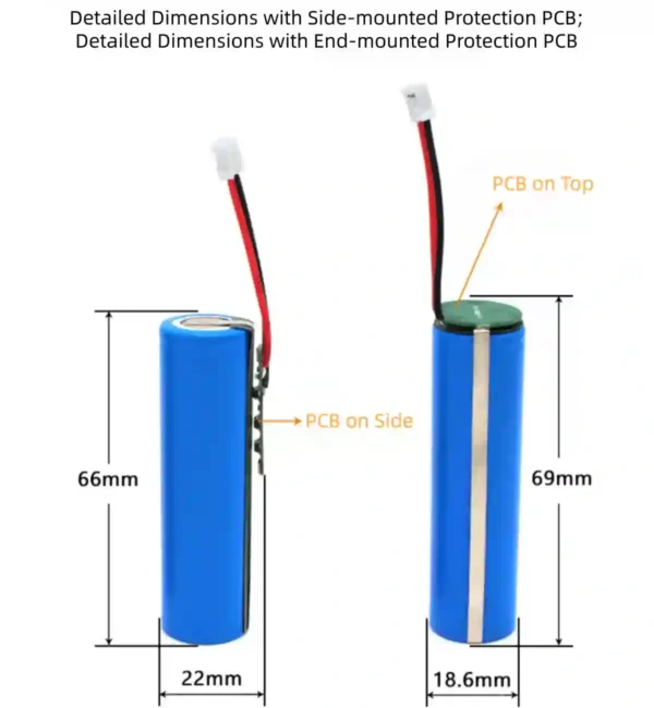sizes of 18650 li on with pcm
