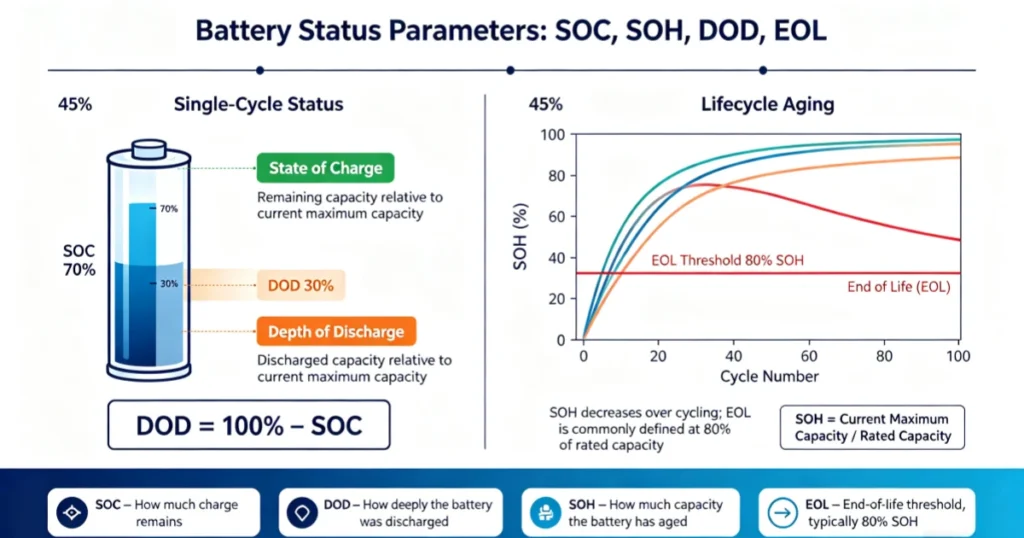 SOC, SOH, DOD, and EOL in Energy Storage Batteries: Key Parameters Explained