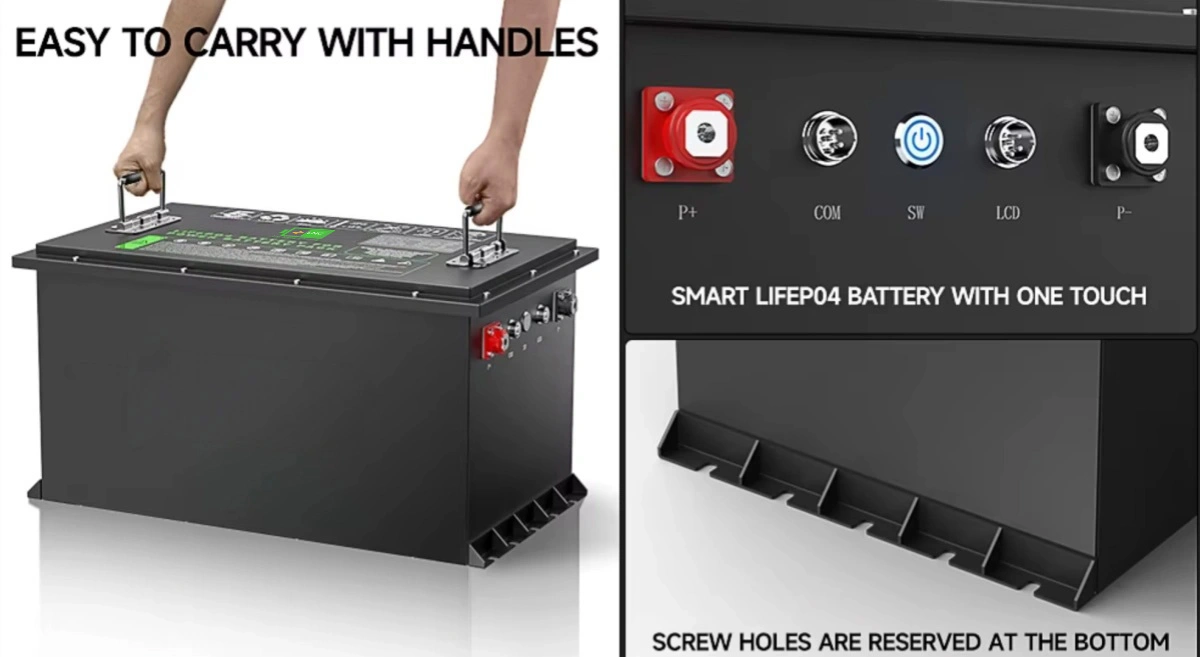 Lithium golf cart battery with handle and secure mounting design