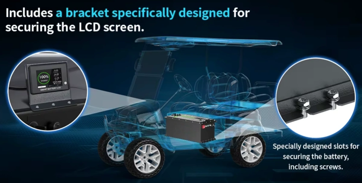 Lithium golf cart battery installation with display and mounting screws